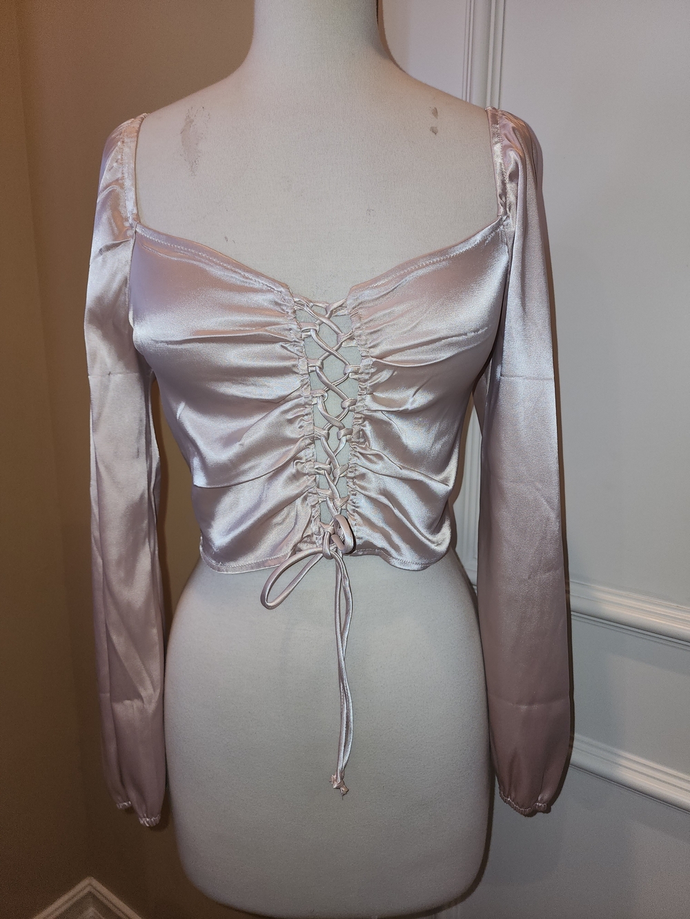 URBAN Romantics Blush Pink Satin Lace-Up Long Sleeve Crop Top